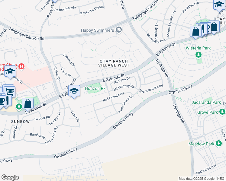 map of restaurants, bars, coffee shops, grocery stores, and more near Mount Whitney Road & Mount Dana Drive in Chula Vista