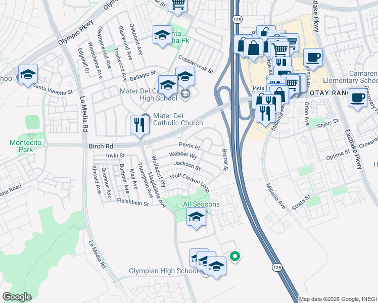map of restaurants, bars, coffee shops, grocery stores, and more near 1767 Webber Way in Chula Vista