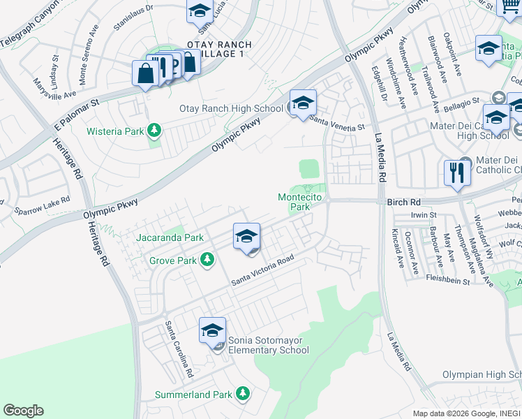 map of restaurants, bars, coffee shops, grocery stores, and more near 1481 Pershing Road in Chula Vista