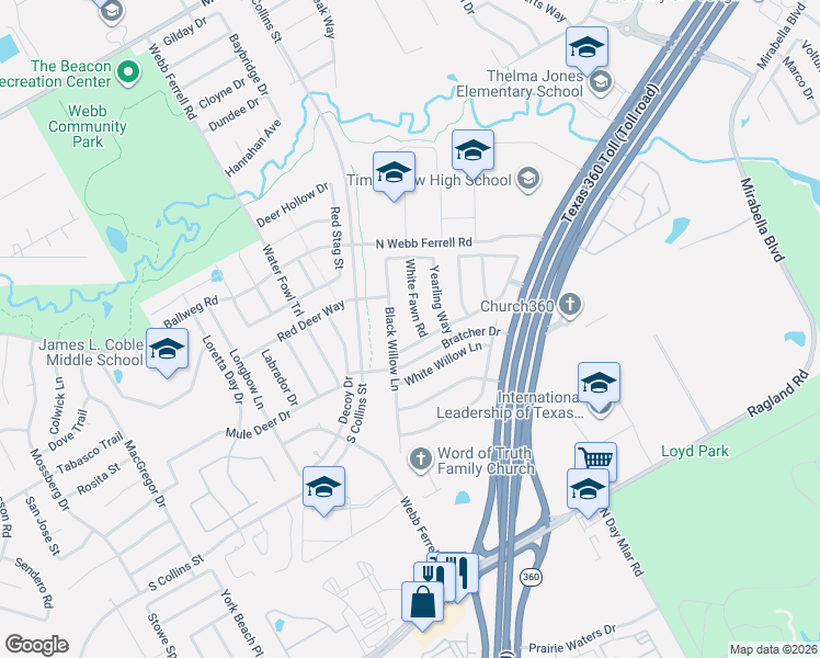 map of restaurants, bars, coffee shops, grocery stores, and more near 7705 White Fawn Road in Arlington