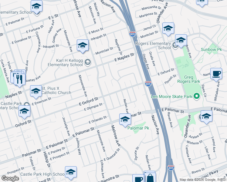 map of restaurants, bars, coffee shops, grocery stores, and more near 305 East Oxford Street in Chula Vista