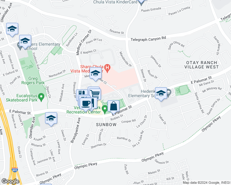 map of restaurants, bars, coffee shops, grocery stores, and more near 1374 Callecita Aquilla Norte in Chula Vista