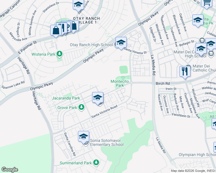 map of restaurants, bars, coffee shops, grocery stores, and more near 1481 Pershing Road in Chula Vista