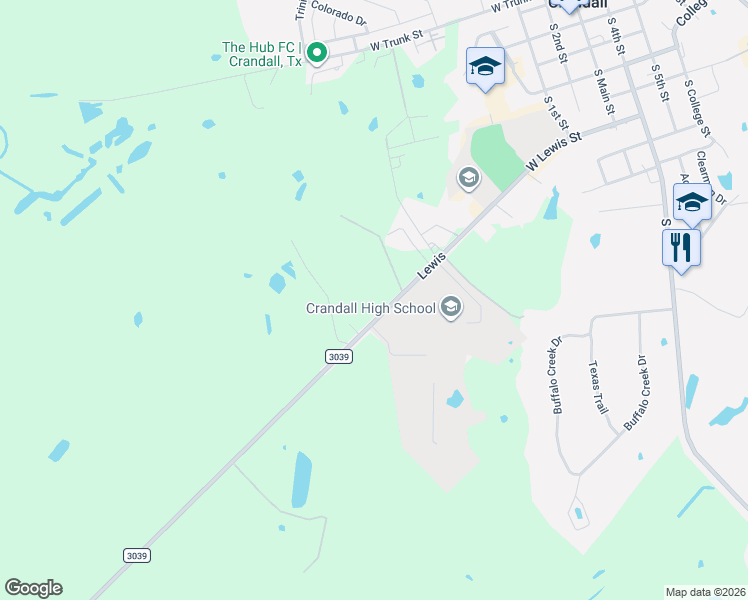 map of restaurants, bars, coffee shops, grocery stores, and more near 13462 Farm to Market Road 3039 in Crandall