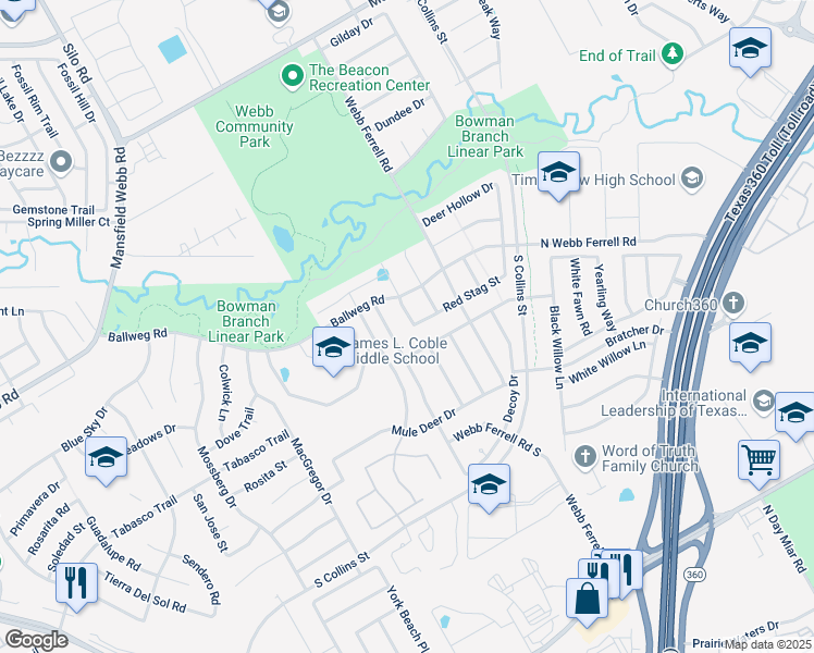 map of restaurants, bars, coffee shops, grocery stores, and more near 7520 San Gabriel Drive in Arlington