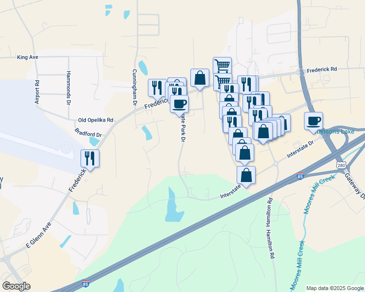 map of restaurants, bars, coffee shops, grocery stores, and more near Corporate Park Drive in Opelika