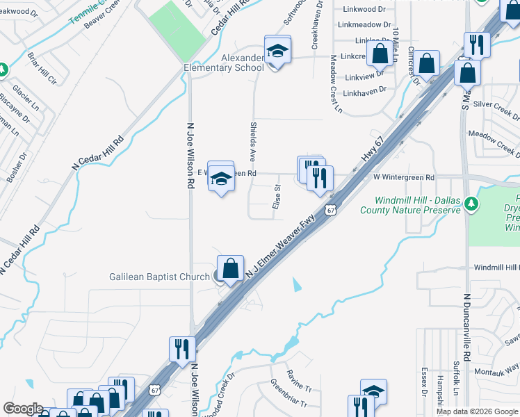 map of restaurants, bars, coffee shops, grocery stores, and more near 1015 Grover Court in Cedar Hill