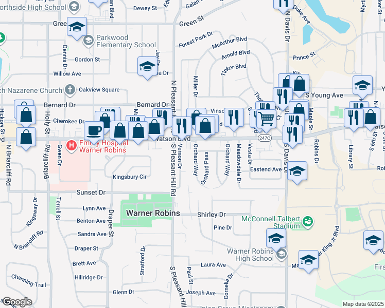 map of restaurants, bars, coffee shops, grocery stores, and more near 354 Orchard Way in Warner Robins