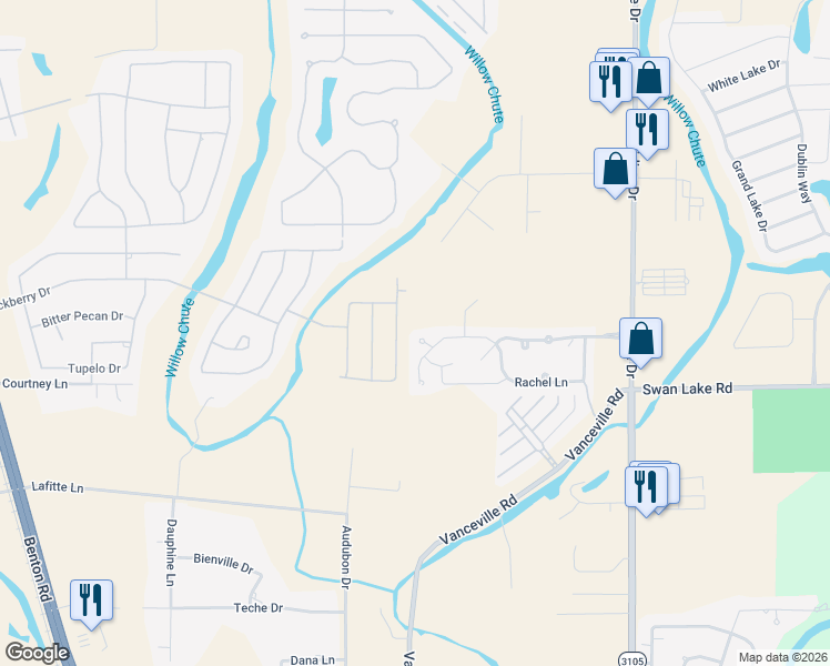 map of restaurants, bars, coffee shops, grocery stores, and more near 306 Bradford CR in Bossier City