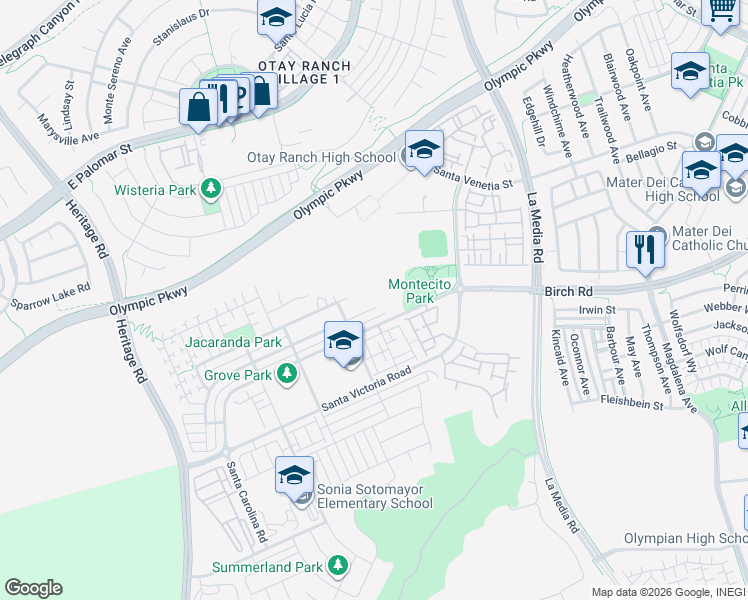 map of restaurants, bars, coffee shops, grocery stores, and more near 1481 Pershing Road in Chula Vista