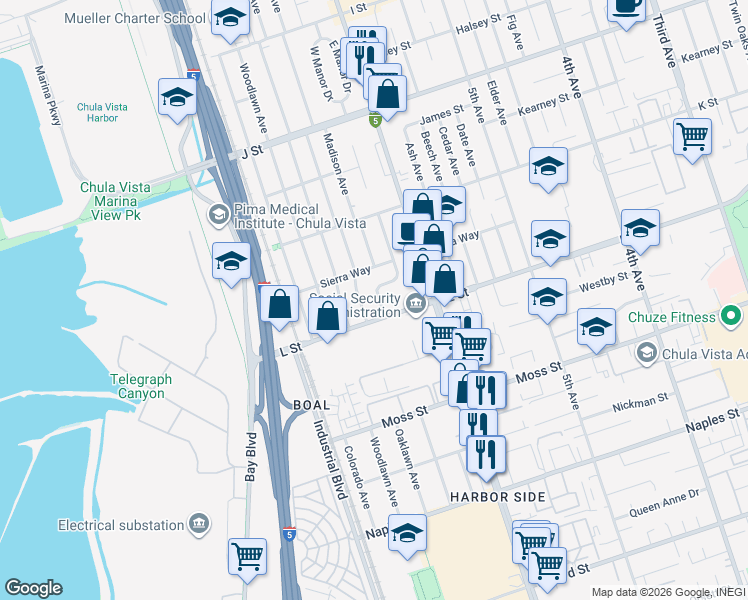map of restaurants, bars, coffee shops, grocery stores, and more near 871 Jefferson Avenue in Chula Vista