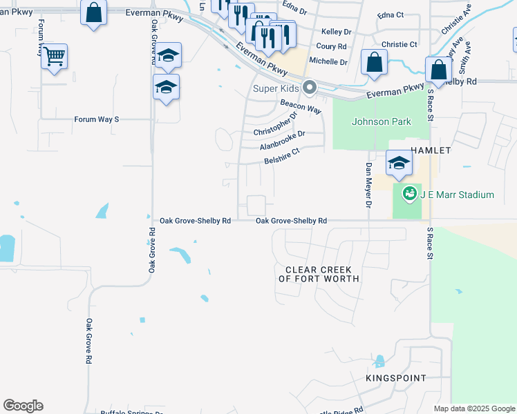 map of restaurants, bars, coffee shops, grocery stores, and more near 9348 Cynthia Court in Fort Worth