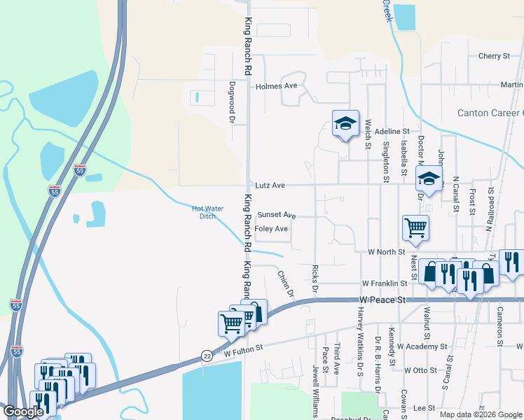 map of restaurants, bars, coffee shops, grocery stores, and more near 139 Sunset Avenue in Canton