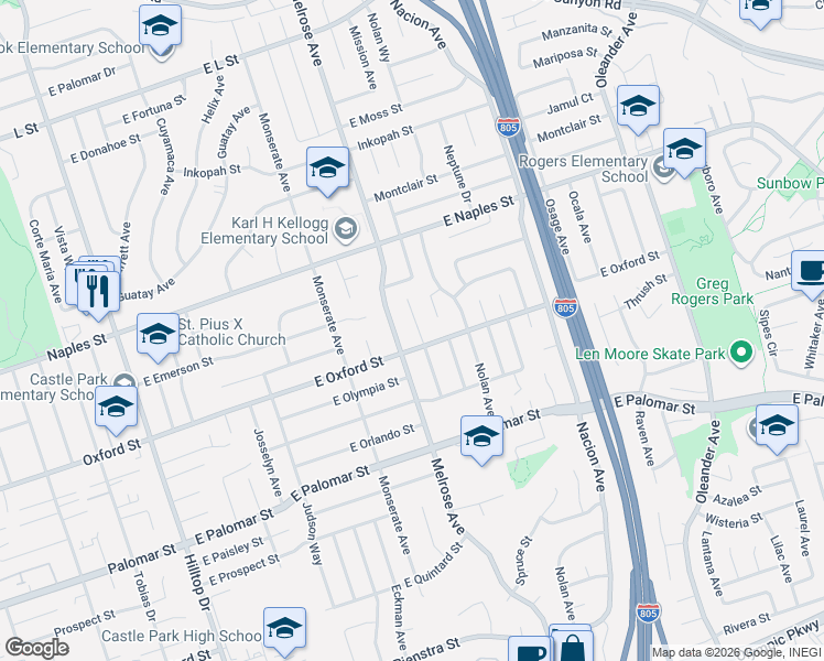 map of restaurants, bars, coffee shops, grocery stores, and more near 1179 Monterey Place in Chula Vista