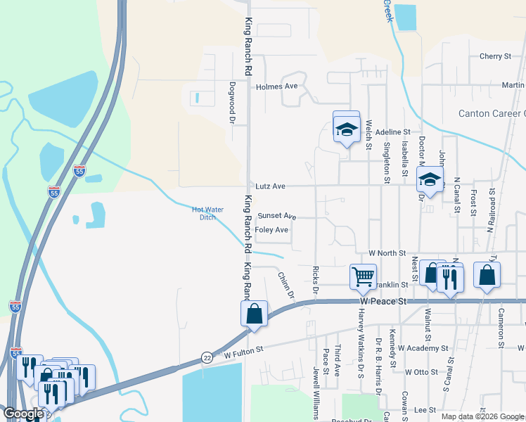 map of restaurants, bars, coffee shops, grocery stores, and more near 139 Sunset Avenue in Canton