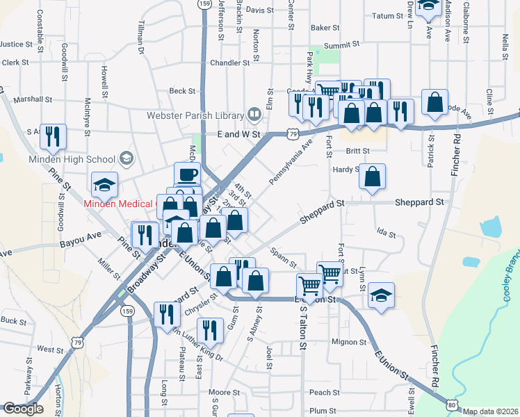 map of restaurants, bars, coffee shops, grocery stores, and more near 410 Pennsylvania Avenue in Minden