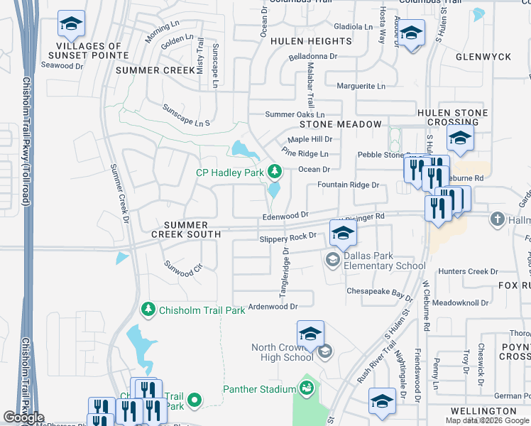 map of restaurants, bars, coffee shops, grocery stores, and more near 4728 Edenwood Drive in Fort Worth