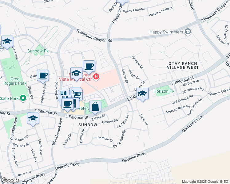 map of restaurants, bars, coffee shops, grocery stores, and more near 825 East Palomar Street in Chula Vista