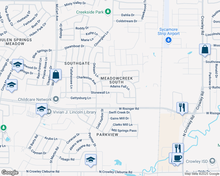 map of restaurants, bars, coffee shops, grocery stores, and more near 2821 Adams Fall Lane in Fort Worth