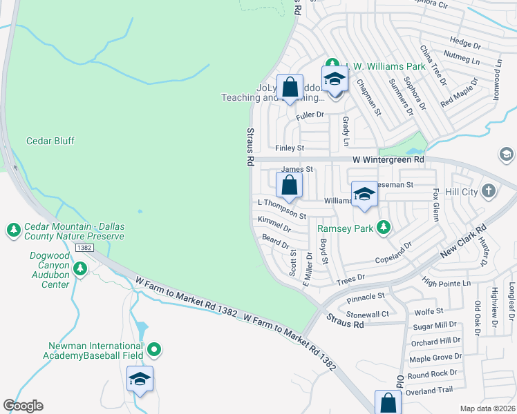 map of restaurants, bars, coffee shops, grocery stores, and more near 449 L Thompson Street in Cedar Hill