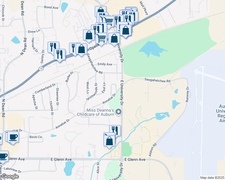 map of restaurants, bars, coffee shops, grocery stores, and more near 626 Kalypso Circle in Auburn
