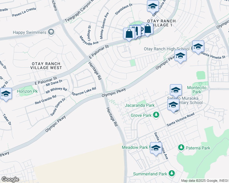 map of restaurants, bars, coffee shops, grocery stores, and more near Olympic Parkway in Chula Vista