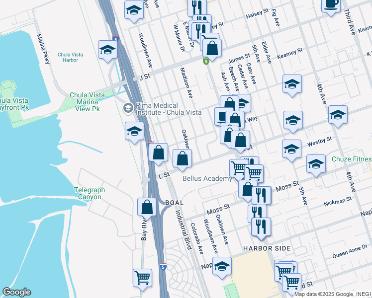 map of restaurants, bars, coffee shops, grocery stores, and more near 866 Oaklawn Avenue in Chula Vista