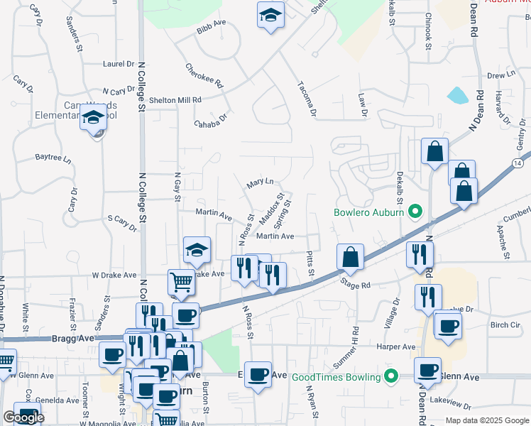 map of restaurants, bars, coffee shops, grocery stores, and more near 644 North Ross Street in Auburn