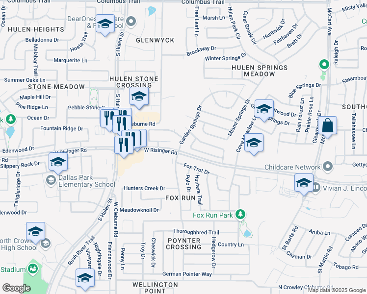 map of restaurants, bars, coffee shops, grocery stores, and more near 8620 Garden Springs Drive in Fort Worth