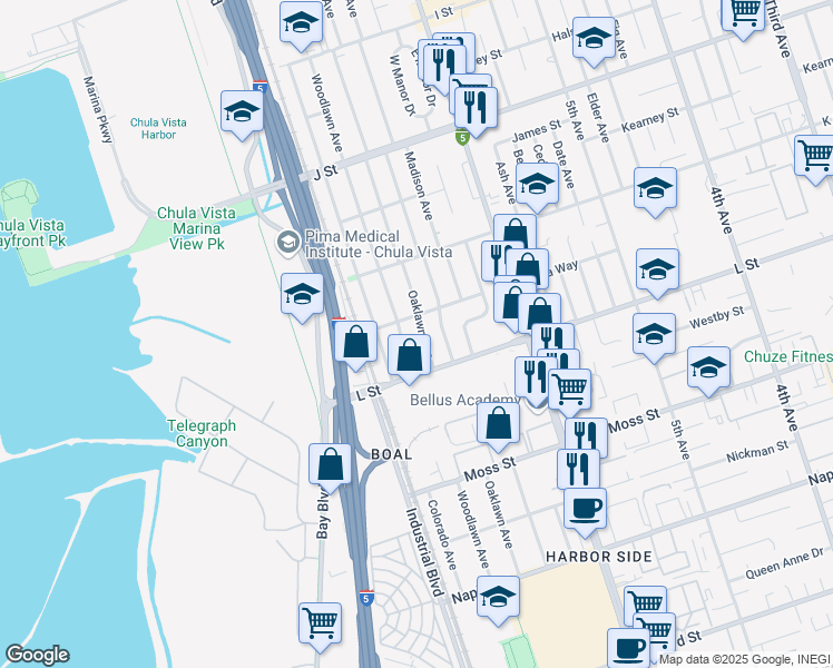 map of restaurants, bars, coffee shops, grocery stores, and more near 866 Oaklawn Avenue in Chula Vista
