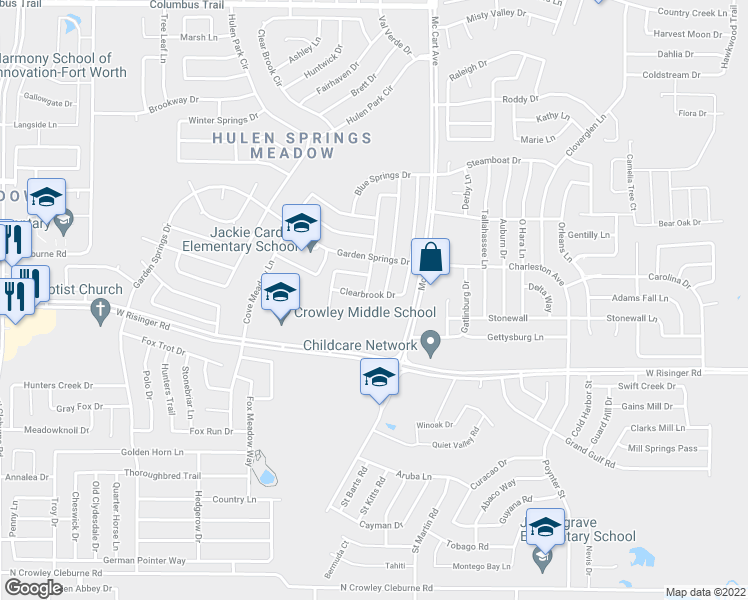 map of restaurants, bars, coffee shops, grocery stores, and more near 3525 Clearbrook Drive in Fort Worth
