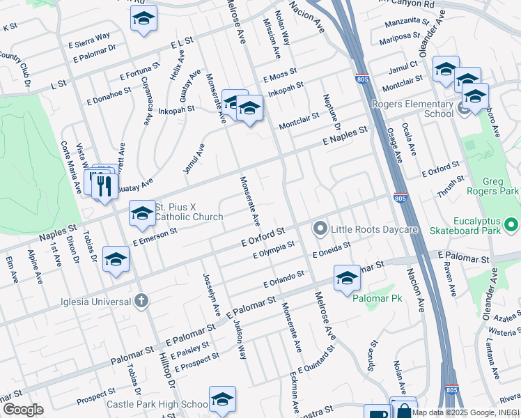 map of restaurants, bars, coffee shops, grocery stores, and more near 206 East Emerson Street in Chula Vista