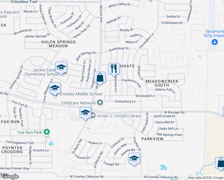 map of restaurants, bars, coffee shops, grocery stores, and more near 8527 Gatlinburg Drive in Fort Worth