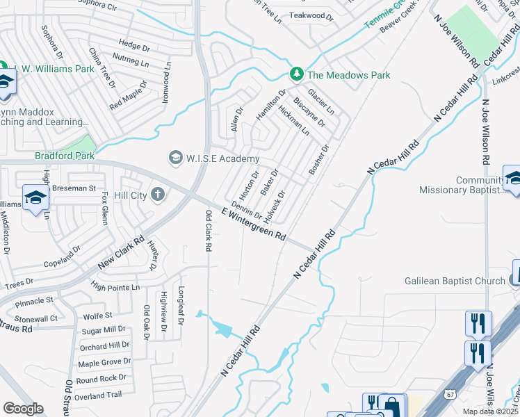 map of restaurants, bars, coffee shops, grocery stores, and more near 1402 Baker Drive in Cedar Hill