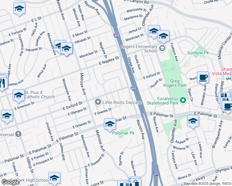map of restaurants, bars, coffee shops, grocery stores, and more near 1202 Neptune Drive in Chula Vista