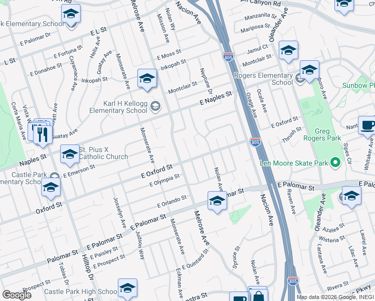 map of restaurants, bars, coffee shops, grocery stores, and more near 1179 Monterey Place in Chula Vista