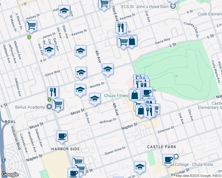map of restaurants, bars, coffee shops, grocery stores, and more near 963 4th Avenue in Chula Vista