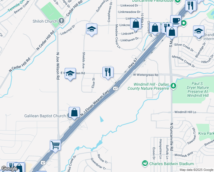 map of restaurants, bars, coffee shops, grocery stores, and more near 1421 Highway 67 in Cedar Hill