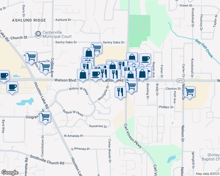 map of restaurants, bars, coffee shops, grocery stores, and more near 107 Wingate Circle in Warner Robins
