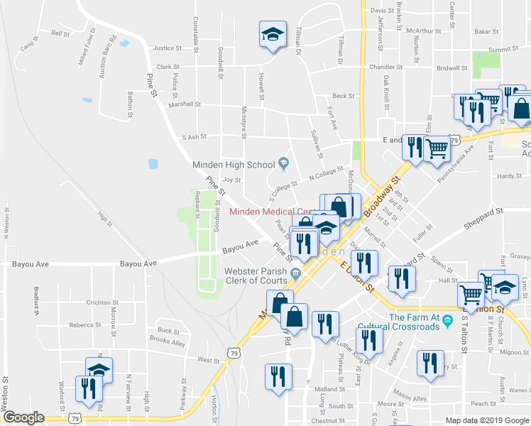 map of restaurants, bars, coffee shops, grocery stores, and more near 229 Pearl Street in Minden