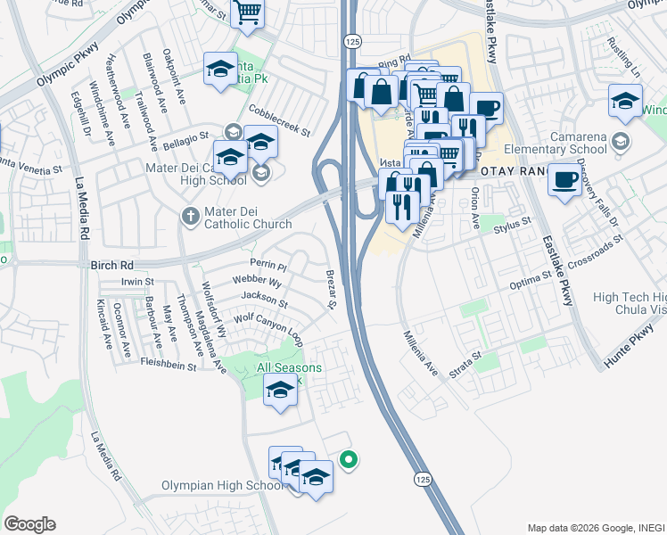 map of restaurants, bars, coffee shops, grocery stores, and more near 1677 Brezar Street in Chula Vista