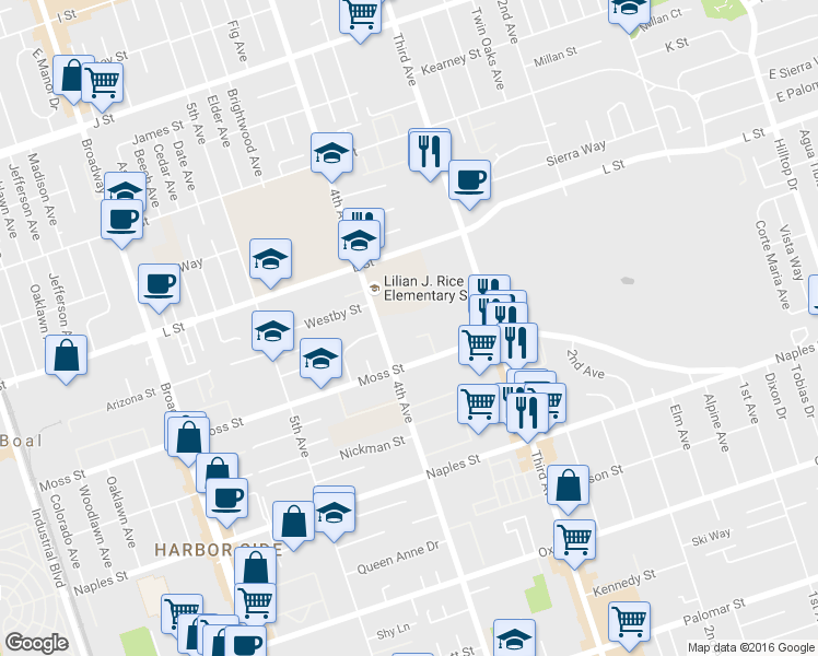 map of restaurants, bars, coffee shops, grocery stores, and more near 971 4th Avenue in Chula Vista