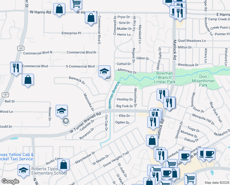map of restaurants, bars, coffee shops, grocery stores, and more near 7912 Modesto Drive in Arlington