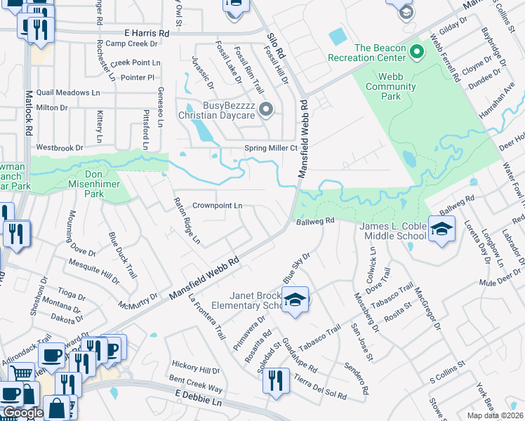 map of restaurants, bars, coffee shops, grocery stores, and more near 716 Crownpoint Court in Arlington
