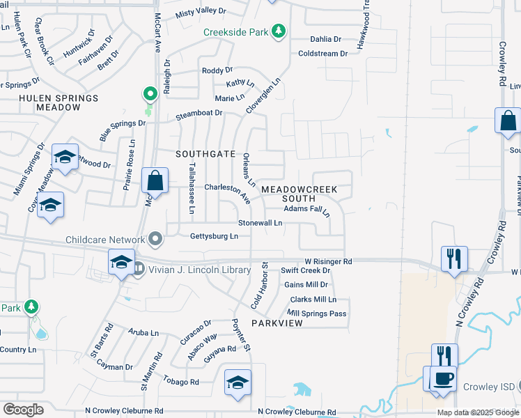 map of restaurants, bars, coffee shops, grocery stores, and more near 8528 Orleans Lane in Fort Worth