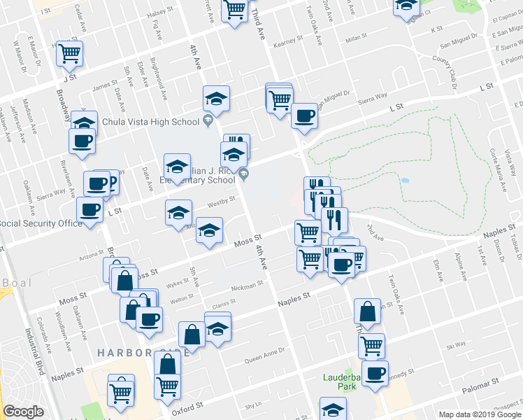 map of restaurants, bars, coffee shops, grocery stores, and more near 971 4th Avenue in Chula Vista