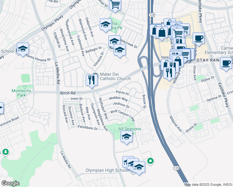 map of restaurants, bars, coffee shops, grocery stores, and more near 1756 Perrin Place in Chula Vista
