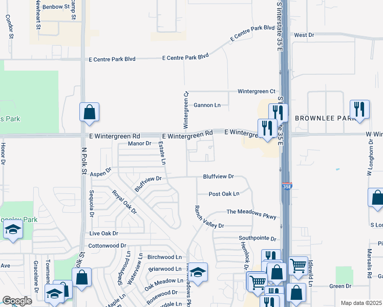 map of restaurants, bars, coffee shops, grocery stores, and more near 1110 East Wintergreen Road in DeSoto