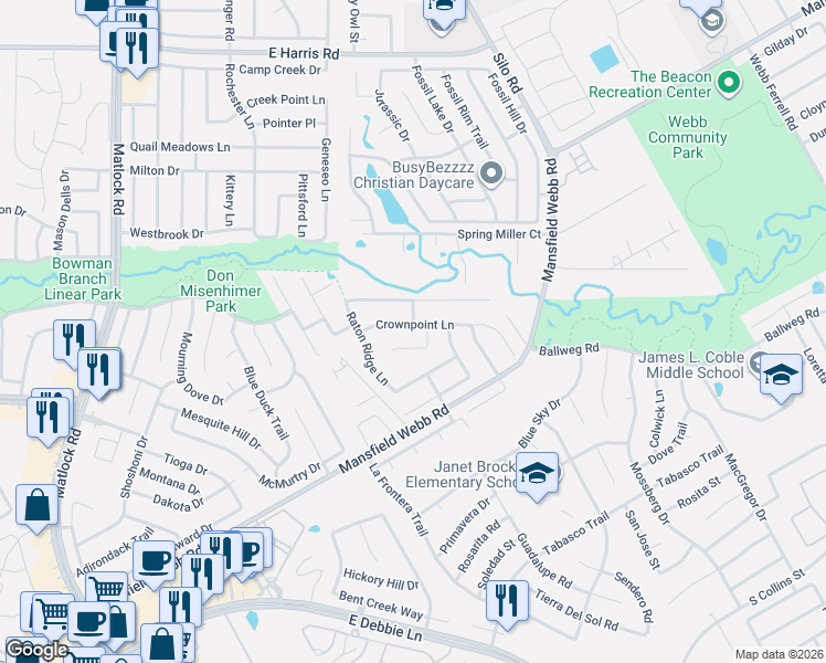 map of restaurants, bars, coffee shops, grocery stores, and more near 600 Crownpoint Lane in Arlington