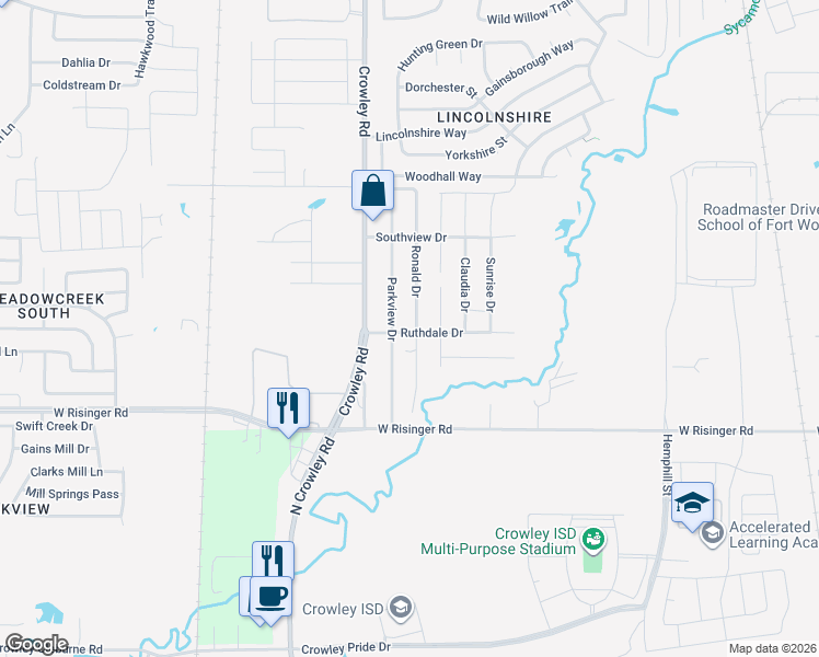 map of restaurants, bars, coffee shops, grocery stores, and more near 9432 Ronald Drive in Fort Worth